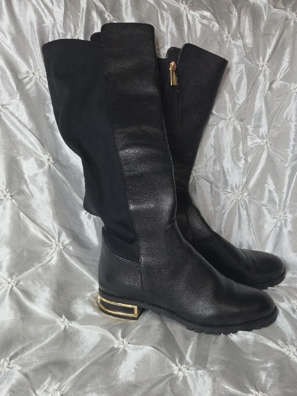 Michael Kors Black Over-the-Knee Leather Boots with Gold Heel Accent